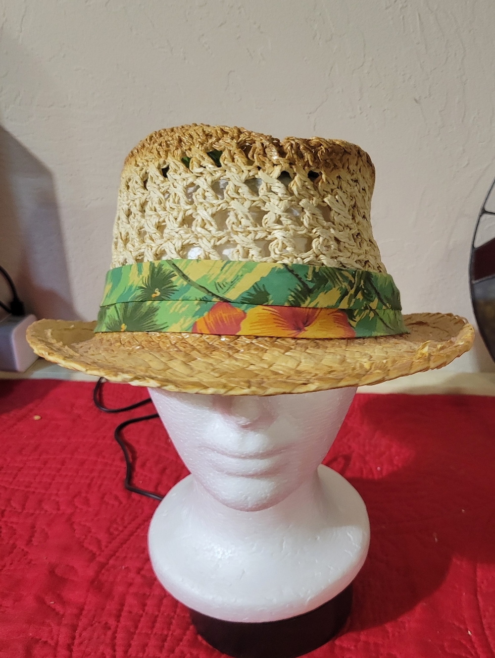 Panama Jack Woven Straw Fedora with Tropical Band - Natural Straw & Green Floral